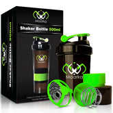 Moarka black and green 500ml protein shaker bottle with storage compartments mixing ball and gift box
